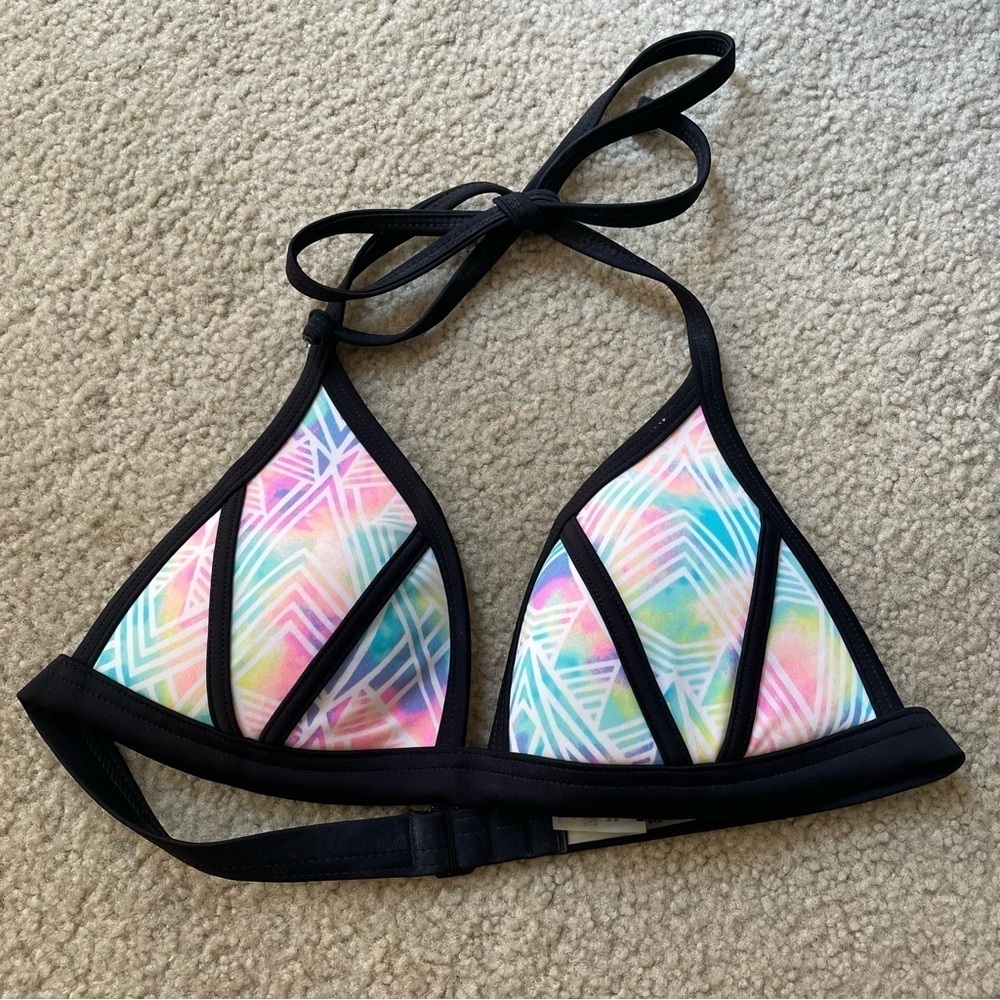 Victoria’s Secret PINK watercolored multicolor halter bikini top with black trim